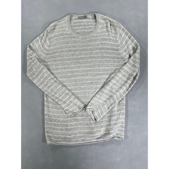 Vince Other - Vince Mens Grey White Striped 100% Linen Long Sleeve Crew Neck Sweater Size M